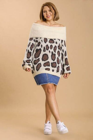 Umgee Full Size Leopard Off-Shoulder Long Sleeve Sweater Plus Size - 1985 the VAULT Boutique