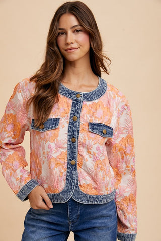 Annie Wear Floral Jacquard Denim Contrast Button Down Jacket - 1985 the VAULT Boutique