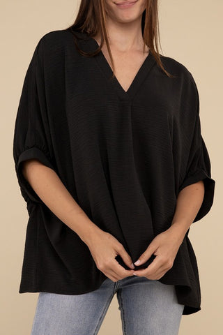 Woven Airflow V-Neck Puff Half Sleeve Top - 1985 the VAULT Boutique