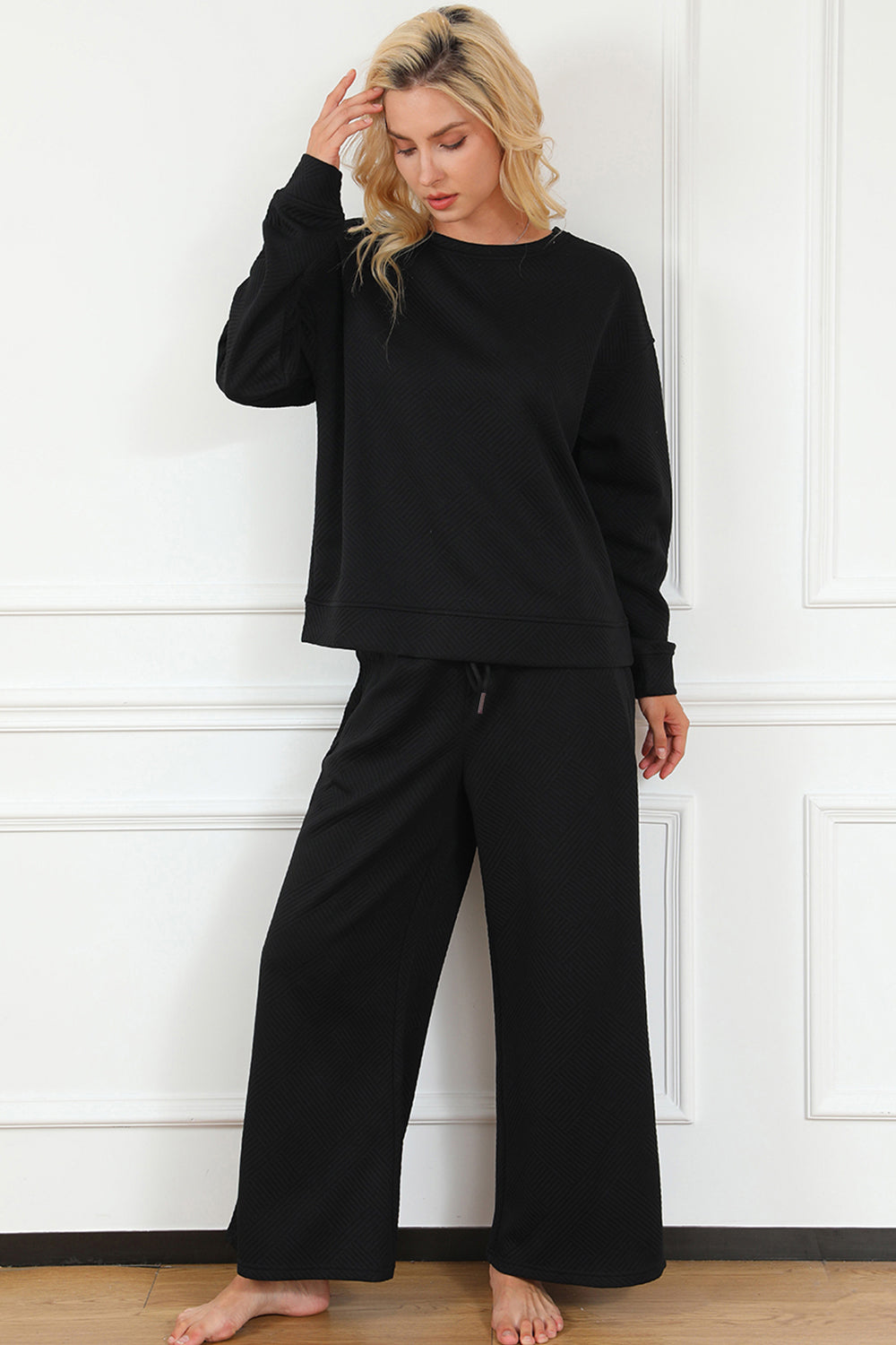 Double Take Full Size Textured Long Sleeve Top and Drawstring Pants Set - 1985 the VAULT Boutique