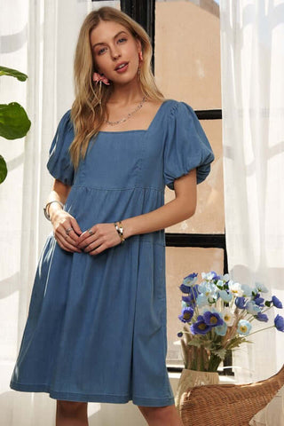 ADORA Square Neck Puff Sleeve Denim Dress - 1985 the VAULT Boutique