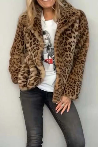 Full Size Leopard Furry Collared Neck Long Sleeve Coat - 1985 the VAULT Boutique