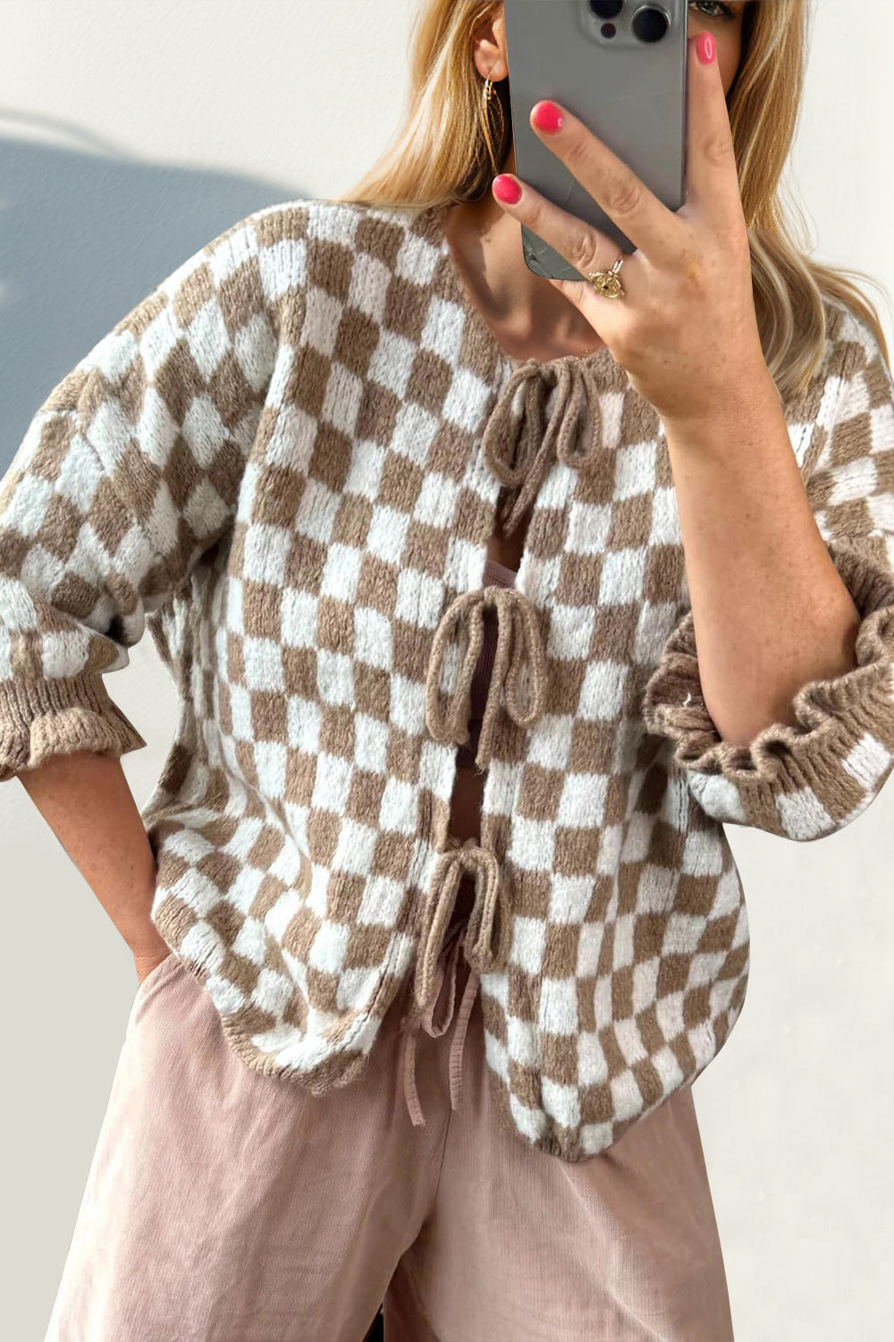 Double Take Tied Checkered Dropped Shoulder Flounce Sleeve Cardigan - 1985 the VAULT Boutique