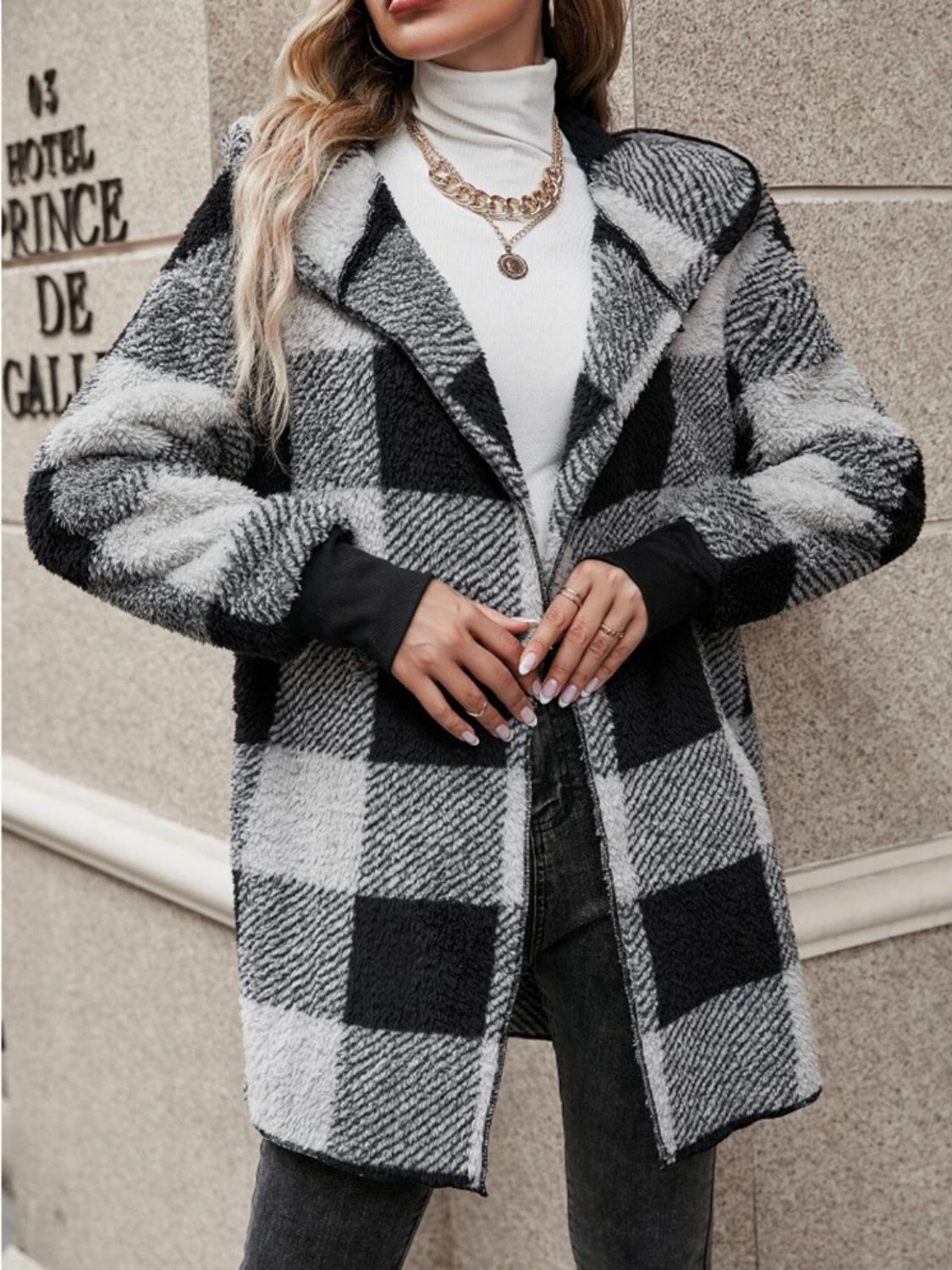 Plaid Long Sleeve Hooded Coat - 1985 the VAULT Boutique