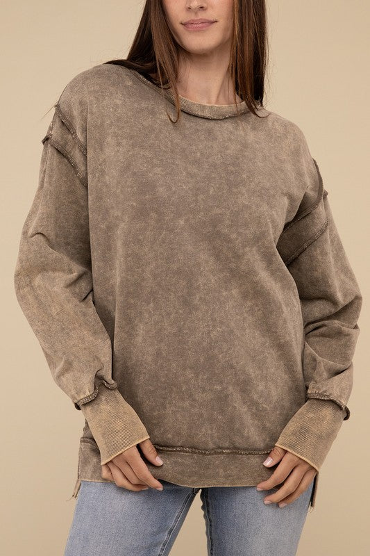 Basic Acid Wash French Terry Exposed-Seam Sweatshirt - 1985 the VAULT Boutique