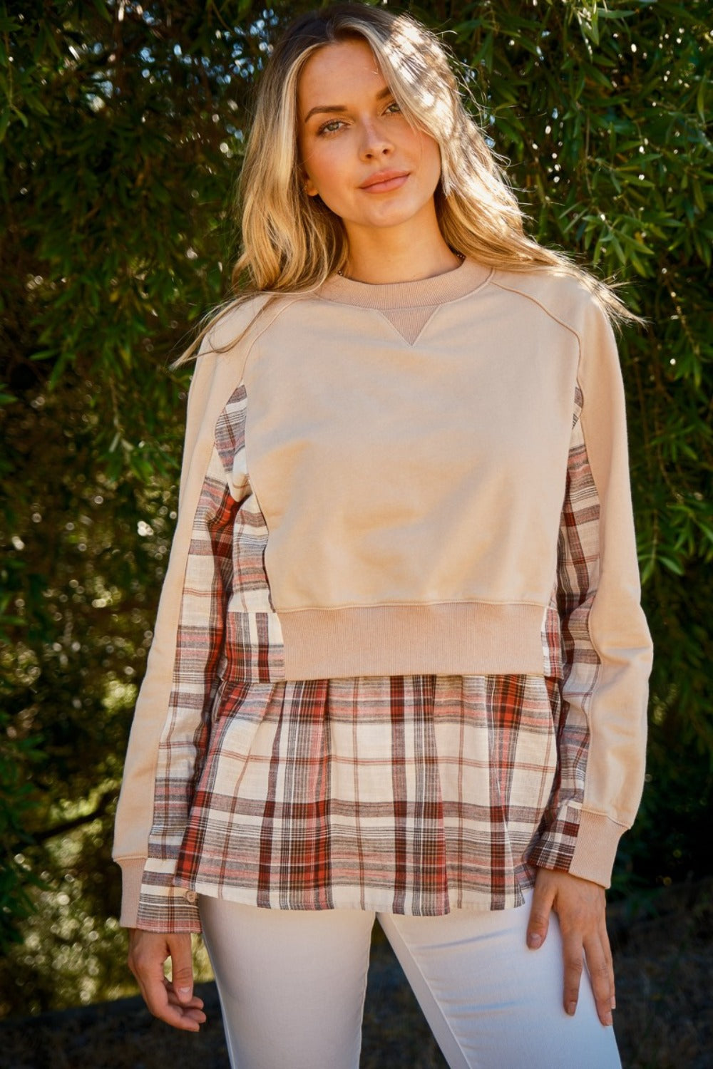 And The Why Full Size Double Layered Plaid Contrast Sweatshirt - 1985 the VAULT Boutique