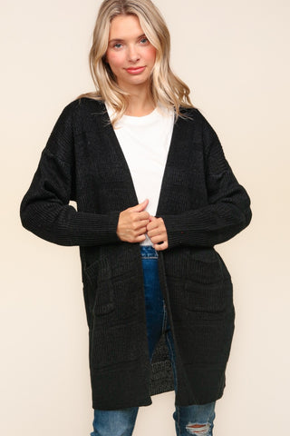 Haptics Stripe Textured Open Front Cardigan with Pockets - 1985 the VAULT Boutique