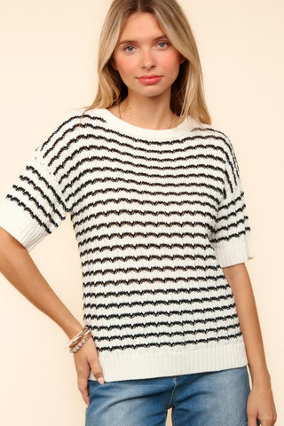 Haptics Openwork Striped Round Neck Half Sleeve Knit Top - 1985 the VAULT Boutique