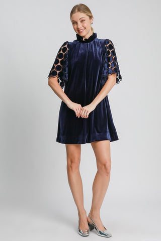 Umgee Dotted Lace Half Sleeve Mock Neck Back Tie Velvet Dress - 1985 the VAULT Boutique