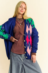 Davi & Dani Argyle V-Neck Dropped Shoulder Cardigan - 1985 the VAULT Boutique