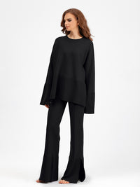 Basic Bae Slit Round Neck Long Sleeve Top and Drawstring Pants Sweater Set - 1985 the VAULT Boutique