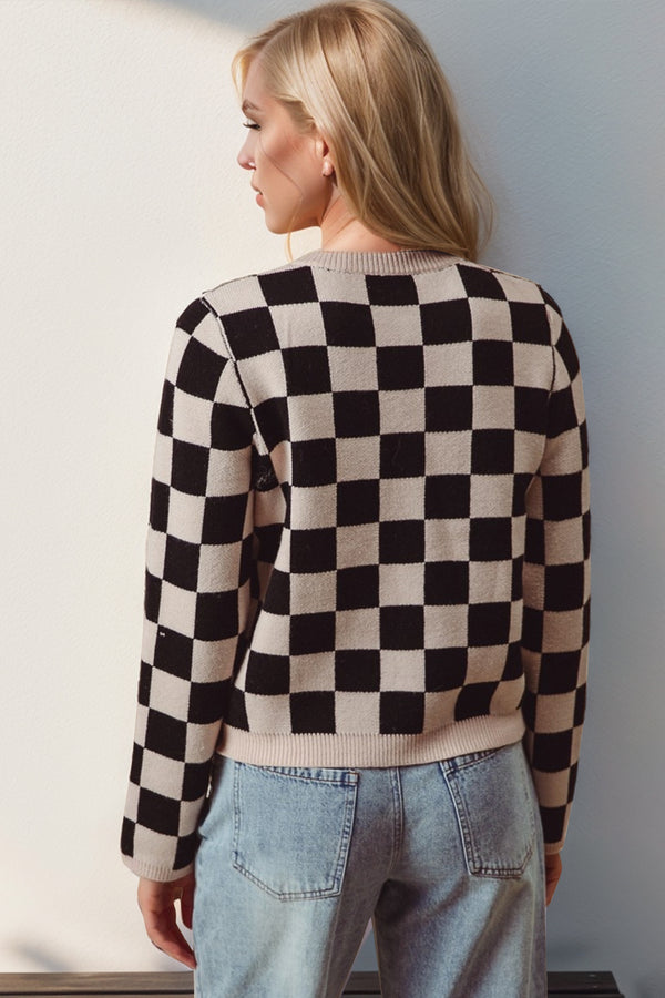 Double Take Full Size Checkered Tie Front Long Sleeve Cardigan - 1985 the VAULT Boutique