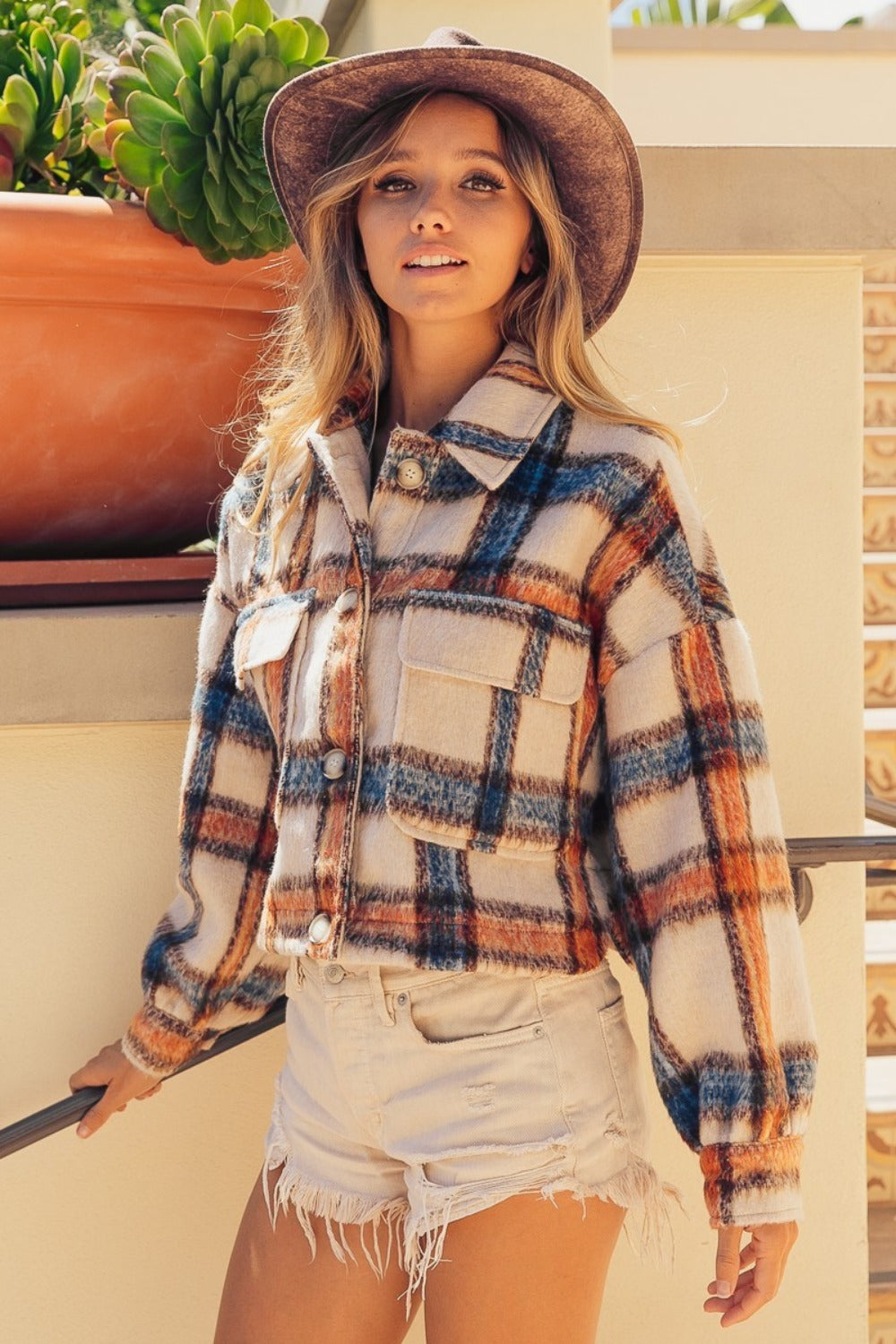 BiBi Brushed Plaid Crop Jacket with Pockets - 1985 the VAULT Boutique