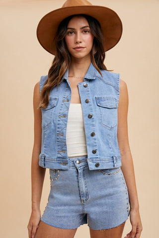 Annie Wear Collared Neck Button Down Denim Vest - 1985 the VAULT Boutique