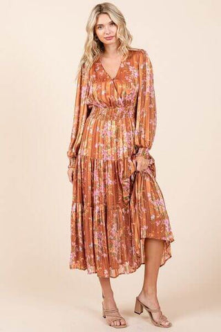 Mittoshop Flower Print Satin Lurex Stripe Smocked Midi Dress - 1985 the VAULT Boutique