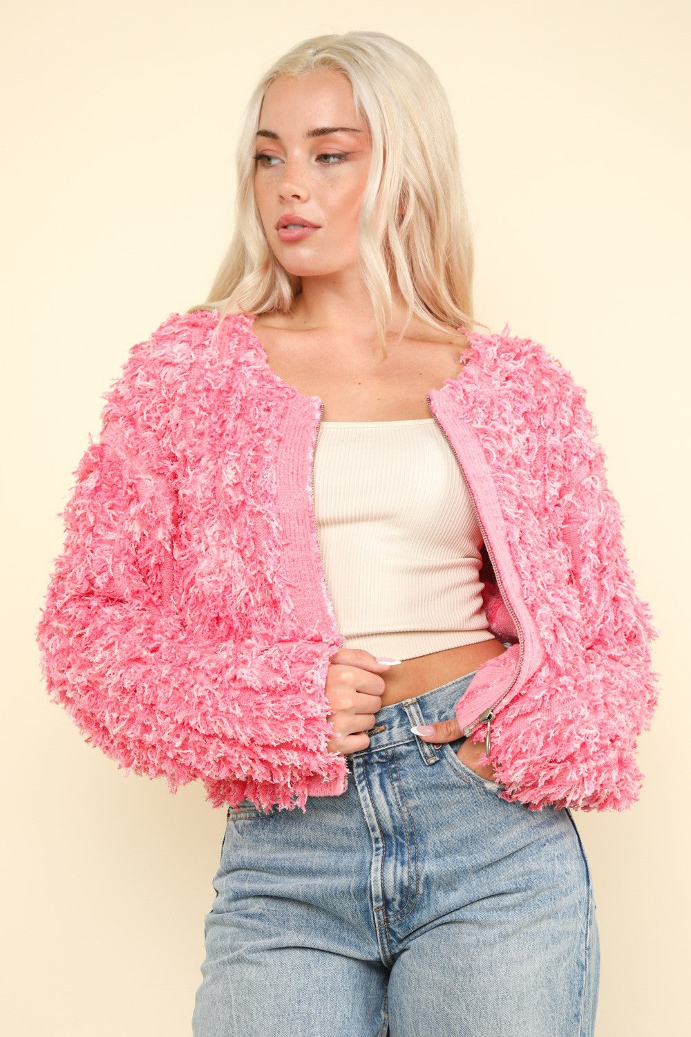 VERY J Shaggy Yarn Knit Zip Up Jacket - 1985 the VAULT Boutique