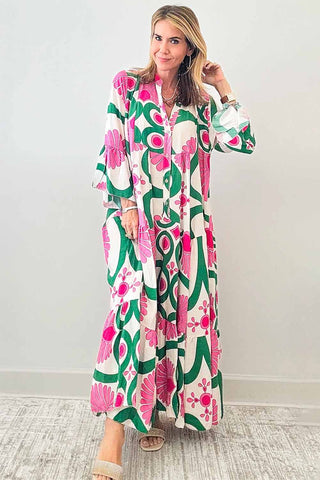 Printed Notched Long Sleeve Maxi Dress - 1985 the VAULT Boutique