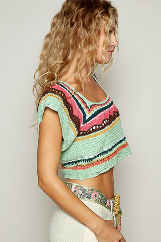 POL Openwork Ethnic Pattern Square Neck Cropped Knit Top - 1985 the VAULT Boutique