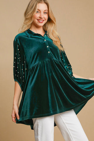 Umgee Pearl Detail Half Sleeve Velvet Babydoll Blouse - 1985 the VAULT Boutique