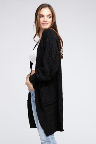 Twist Knitted Open Front Cardigan With Pockets - 1985 the VAULT Boutique