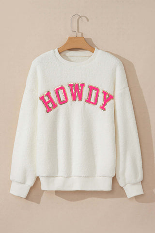 HOWDY Patched Round Neck Sherpa Sweatshirt - 1985 the VAULT Boutique