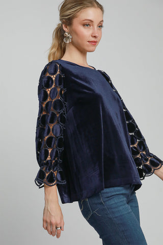 Umgee Polka Dot Lace Long Sleeve Round Neck Blouse - 1985 the VAULT Boutique