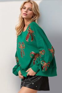 Double Take Christmas Bow Sequin Round Neck Dropped Shoulder Sweatshirt - 1985 the VAULT Boutique