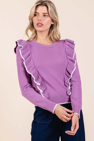 Mittoshop Contrast Trim Ruffled Round Neck Knit Top - 1985 the VAULT Boutique