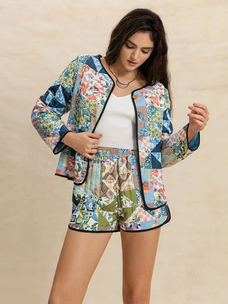 Printed Button Up Long Sleeve Outerwear and Shorts Set - 1985 the VAULT Boutique