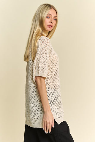 Davi & Dani Side Slit Openwork Round Neck Half Sleeve Knit Cover Up - 1985 the VAULT Boutique