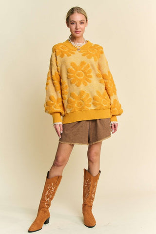 Davi & Dani Flower Texture Round Neck Dropped Shoulder Sweater - 1985 the VAULT Boutique