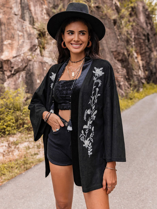 Embroidered Open Front Long Sleeve Cardigan - 1985 the VAULT Boutique