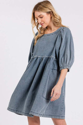 Mittoshop Washed Round Neck Puff Sleeve Denim Dress - 1985 the VAULT Boutique