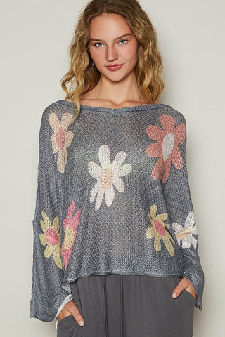 POL Flower Dropped Shoulder Long Sleeve Knit Top - 1985 the VAULT Boutique