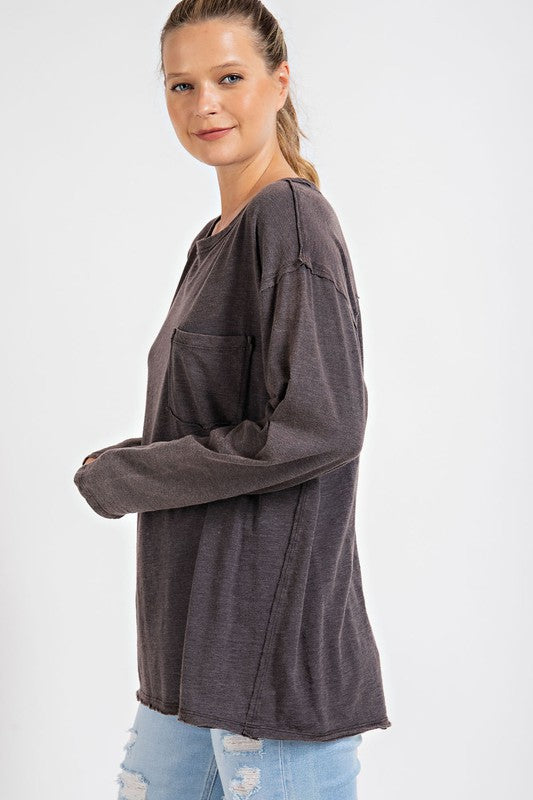 Mineral Washed Round Neckline Long Sleeves Top - 1985 the VAULT Boutique