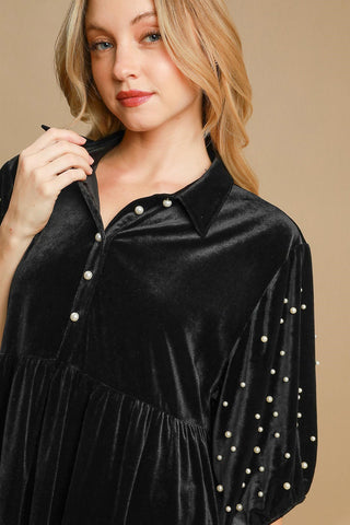 Umgee Pearl Detail Half Sleeve Velvet Babydoll Blouse - 1985 the VAULT Boutique