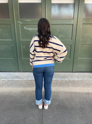 Contrast Trim Cardigan in Navy Stripe - 1985 the VAULT Boutique