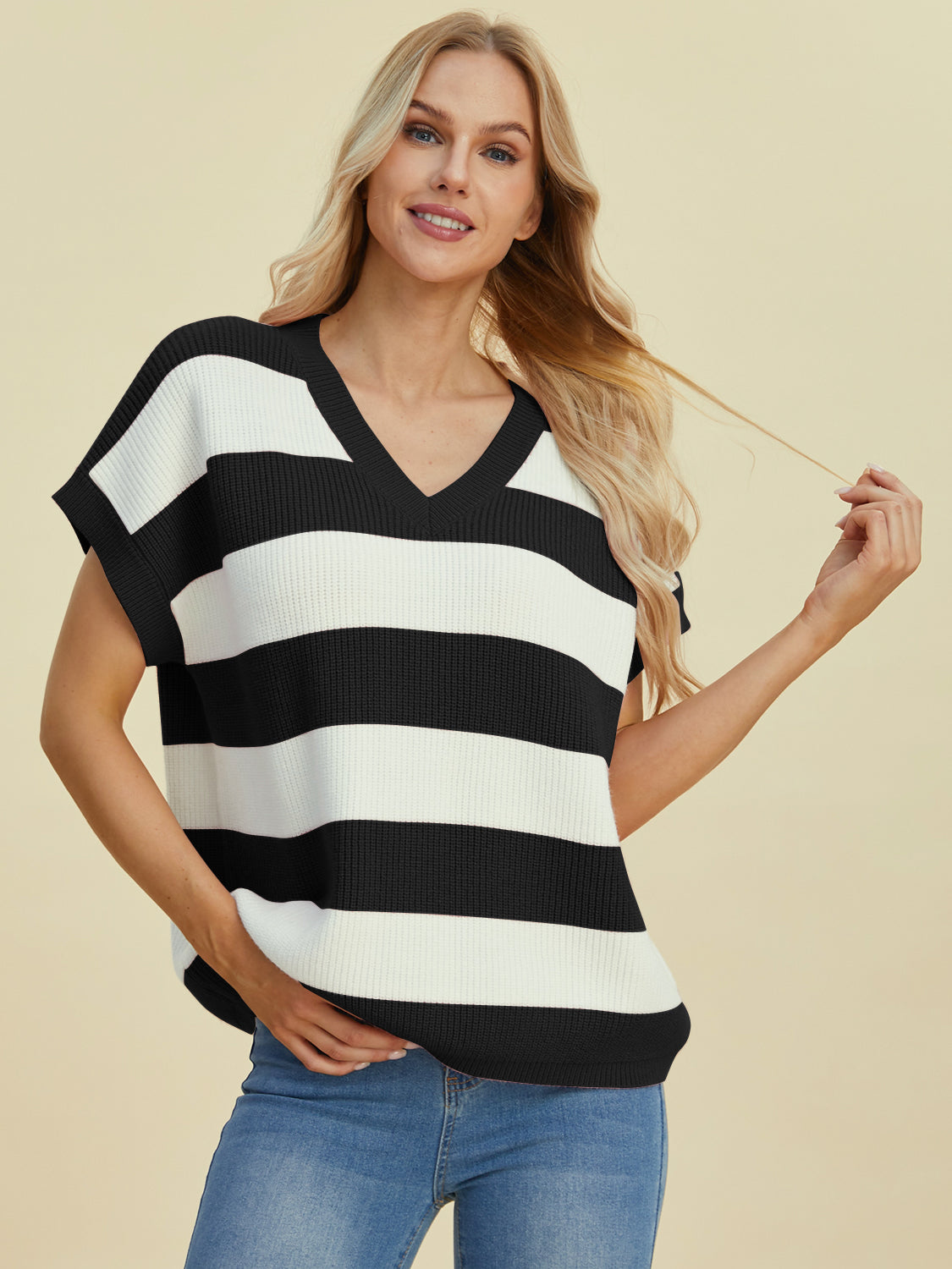 Double Take Full Size Striped V-Neck Short Sleeve Sweater - 1985 the VAULT Boutique