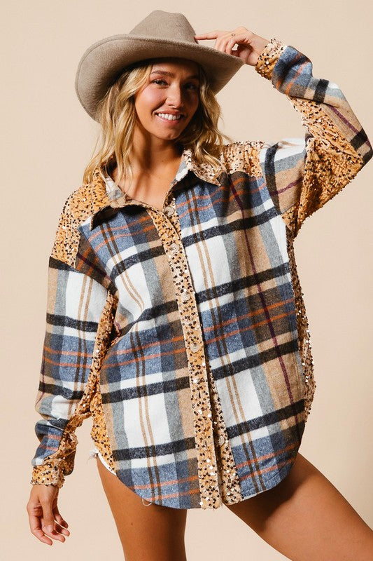 BiBi Curved Hem Sequin Plaid Button Up Shacket - 1985 the VAULT Boutique