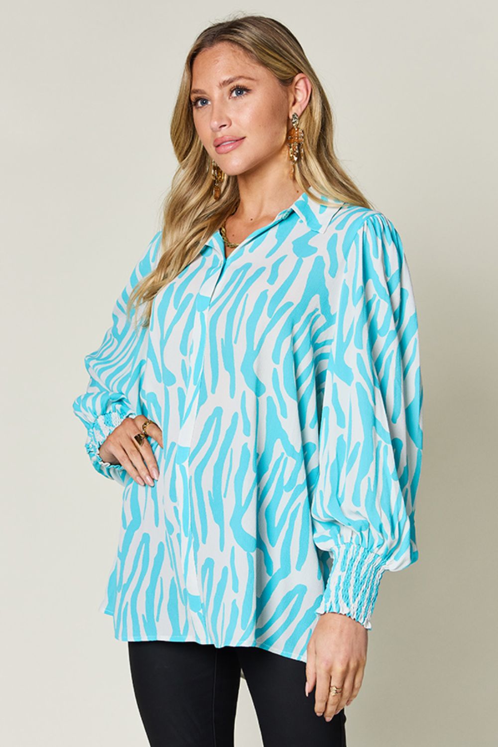 Double Take Full Size Printed Smocked Long Sleeve Blouse - 1985 the VAULT Boutique