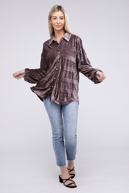 Wrinkle Effect Tiered Shirring Velvet Shirt - 1985 the VAULT Boutique