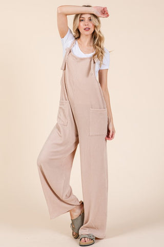 BOMBOM Knot Straps Wide Leg Ribbed Overalls with Pockets - 1985 the VAULT Boutique