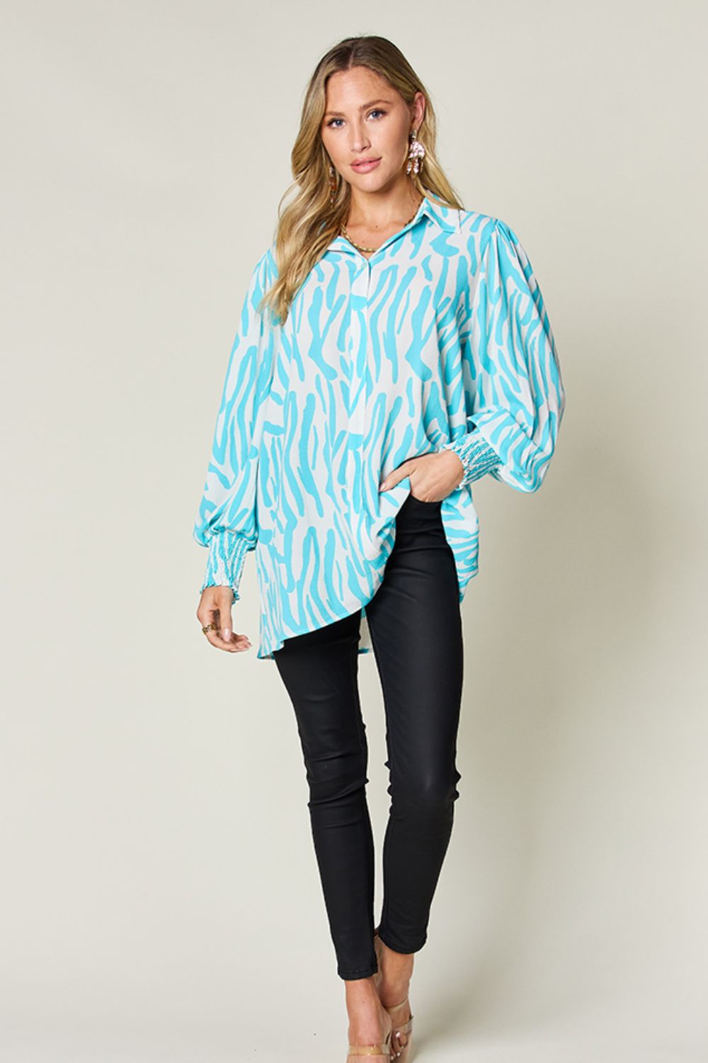 Double Take Full Size Printed Smocked Long Sleeve Blouse - 1985 the VAULT Boutique