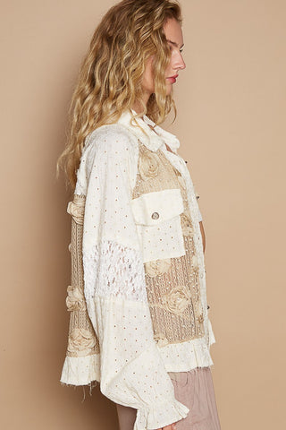 POL Eyelet Flower Pearl Detail Lace Patchwork Shirt - 1985 the VAULT Boutique