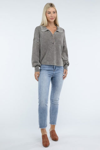 Washed Collared Henley Sweater - 1985 the VAULT Boutique