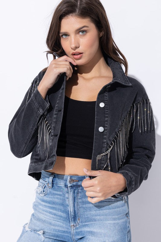 CROP DENIM JACKET WITH RHINESTONE FRINGE - 1985 the VAULT Boutique