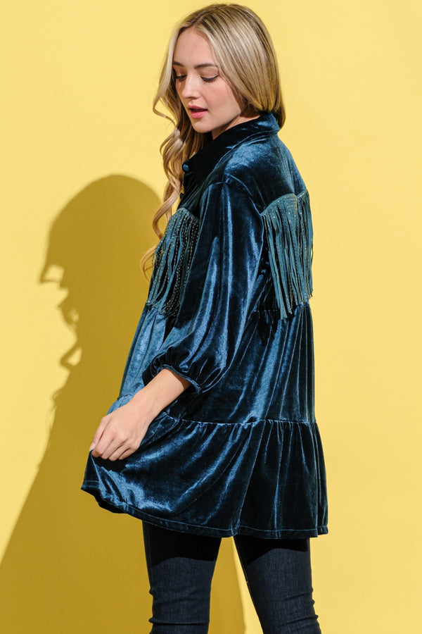 And The Why Fringe Detailed Velvet Shirt Dress - 1985 THE VAULT