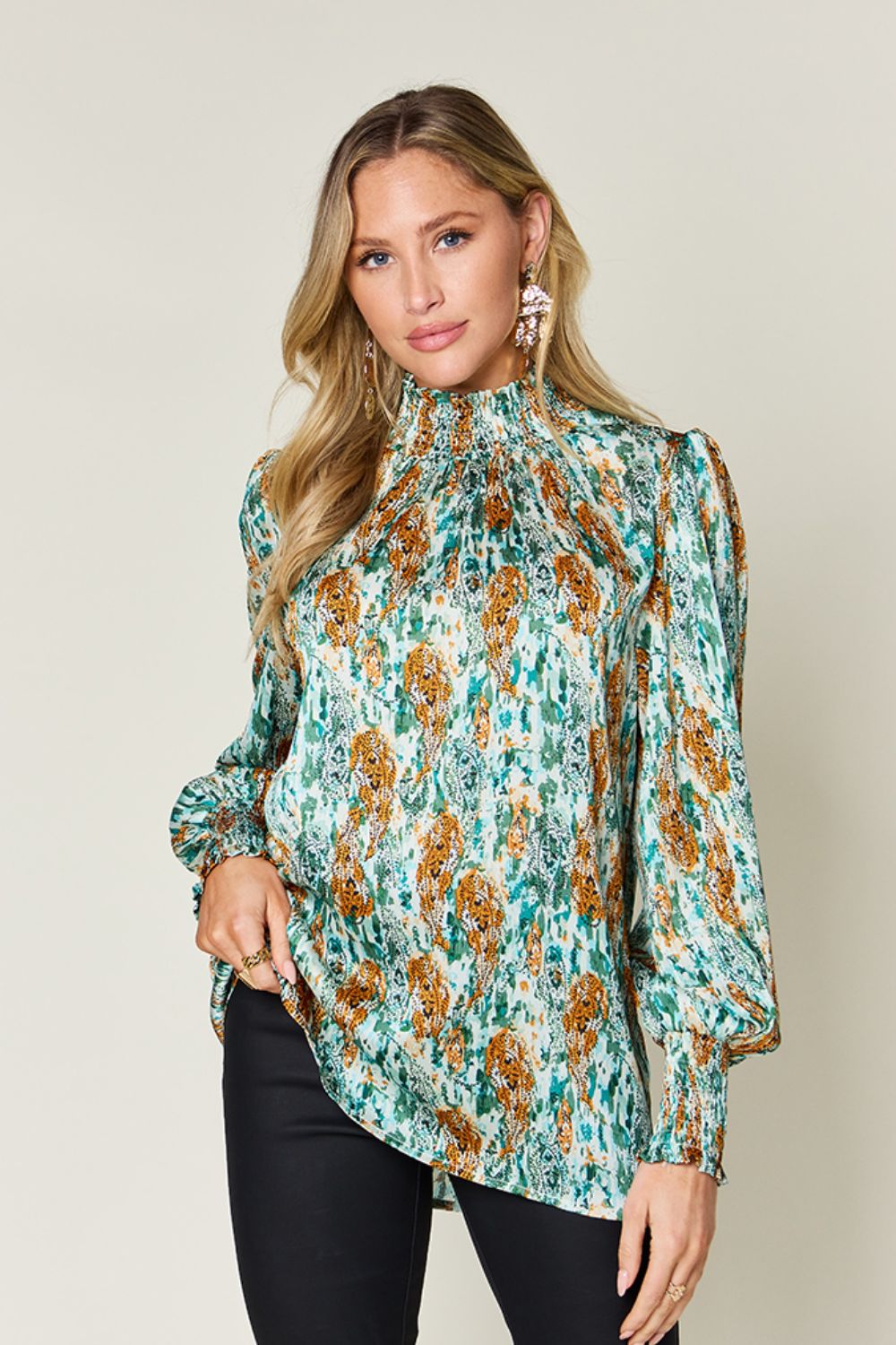 Double Take Full Size Printed Smocked Long Sleeve Blouse - 1985 THE VAULT