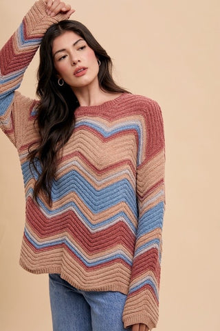 Annie Wear Multi Color Zig-Zag Round Neck Sweater - 1985 the VAULT Boutique