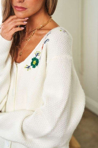 Davi & Dani Flower Embroidered Button Up Long Sleeve Cardigan - 1985 the VAULT Boutique